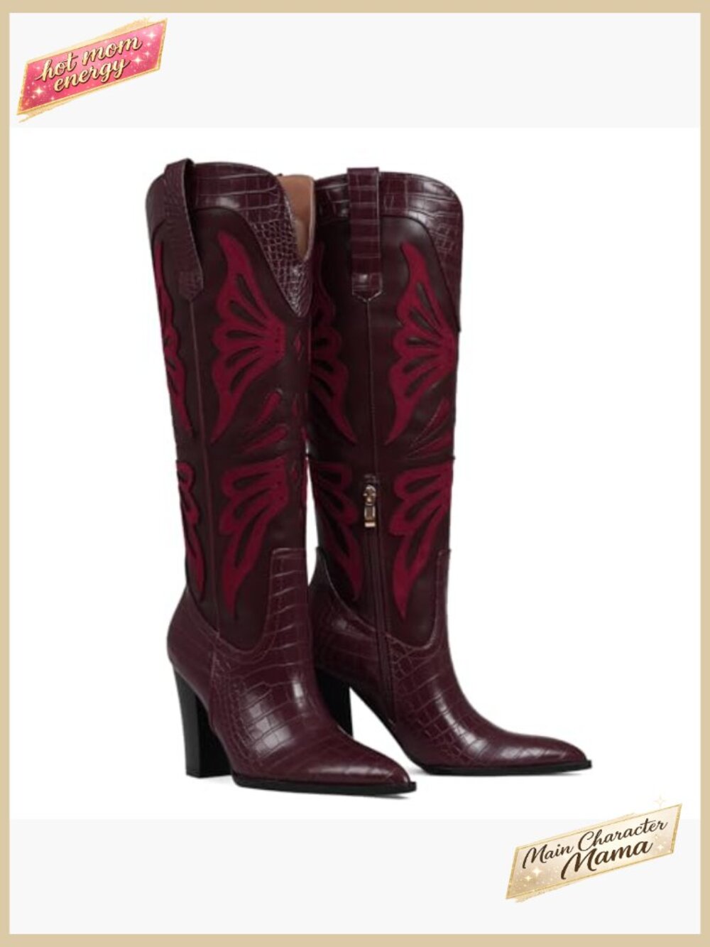 Pointed Toe Chunky Heel Cowboy Boots Knee High Embroidered Butterfly Western - Picture 4 of 7